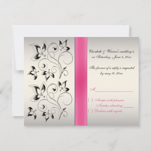BEDRUKT LINT Roze Zwart Zilver Bloemen RSVP Card (Achterkant)