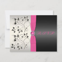 BEDRUKT LINT Roze Zwart Zilver Bloemen RSVP Card Kaartje