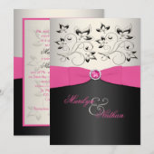 BEDRUKT LINT Roze, Zwart, Zilver Bruiloft Uitnodig Kaart (Voorkant / Achterkant)