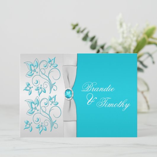 BEDRUKT LINT Turquoise, zilveren bloemenbruiloft Kaart (Staand voorkant)