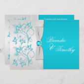 BEDRUKT LINT Turquoise, zilveren bloemenbruiloft Kaart (Voorkant / Achterkant)