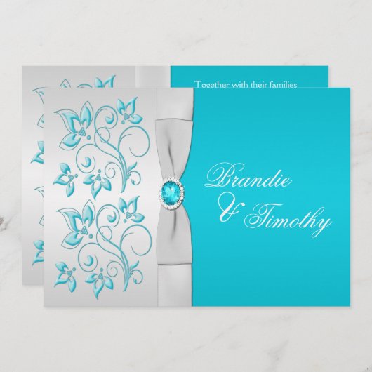 BEDRUKT LINT Turquoise, zilveren bloemenbruiloft Kaart (Voorkant / Achterkant)