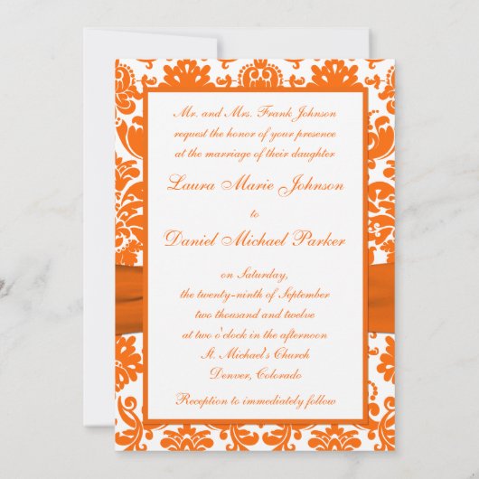 BEDRUKT LINT WIT, Sinaasappel Damask bruiloft uitn Kaart (Achterkant)