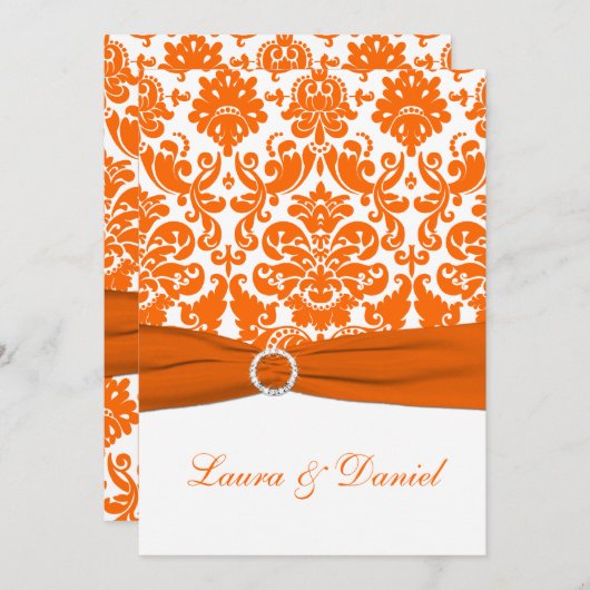 BEDRUKT LINT WIT, Sinaasappel Damask bruiloft uitn Kaart (Voorkant / Achterkant)