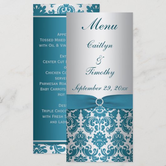 BEDRUKT LINT Zilver, Blauwgroen Bruiloft Menu Kaar (Voorkant / Achterkant)