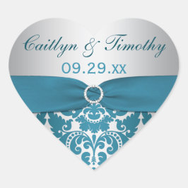 BEDRUKT LINT Zilver, Blauwgroen Damask Bruiloft St Hart Sticker