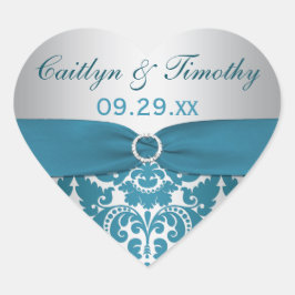 BEDRUKT LINT Zilver, Blauwgroen Damask Bruiloft St Hart Sticker