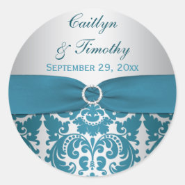 BEDRUKT LINT Zilver, Blauwgroen Damask Bruiloft St Ronde Sticker