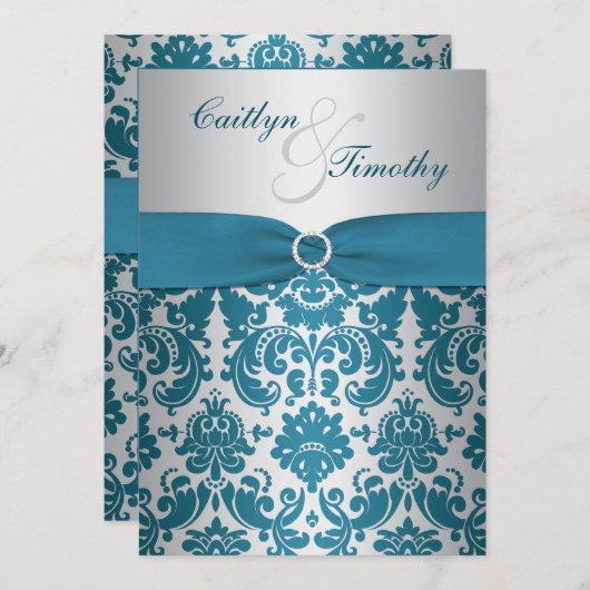 BEDRUKT LINT Zilver, Blauwgroen Damask Bruiloft Ui Kaart (Voorkant / Achterkant)