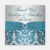 BEDRUKT LINT Zilver, Blauwgroen Damask Trouwgunst Magneet (Voorkant)