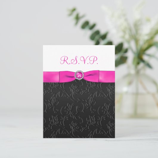 BEDRUKT LINT Zwart, Hot-Pink, Witte RSVP-kaart RSVP Kaartje (Staand voorkant)