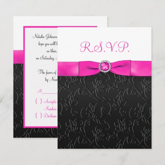BEDRUKT LINT Zwart, Hot-Pink, Witte RSVP-kaart RSVP Kaartje (Voorkant / Achterkant)