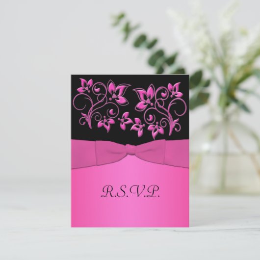 BEDRUKT LINT Zwart, roze Bloemen RSVP-kaart RSVP Kaartje (Staand voorkant)