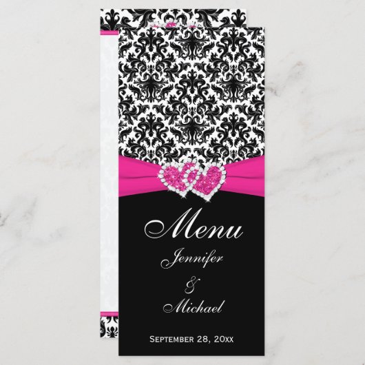 BEDRUKT LINT Zwart Wit Roze Bruiloft Menu Kaart (Voorkant / Achterkant)