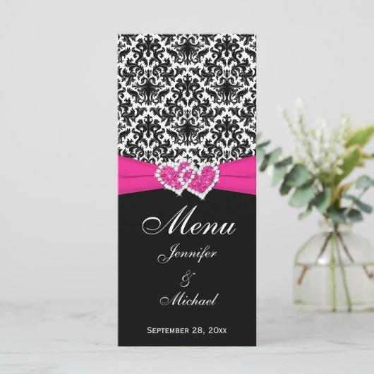 BEDRUKT LINT Zwart Wit Roze Bruiloft Menu Kaart (Staand voorkant)