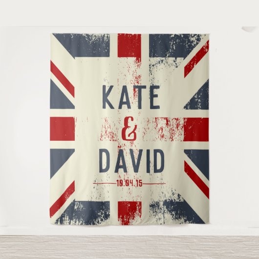 Bedrukte Britse vlag met namen van het stel trouwc Wandkleed (Voorkant)