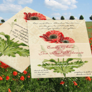 Bedrukte Damast Botanische Klaproos Bruiloft Kaart