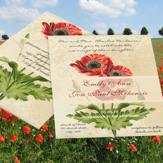 Bedrukte Damast Botanische Klaproos Bruiloft Kaart