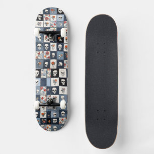 Bedrukte Denim Patchwork Schedels Bloemen Persoonlijk Skateboard