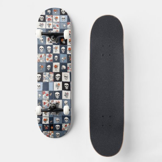 Bedrukte Denim Patchwork Schedels Bloemen Persoonlijk Skateboard (Voorkant)