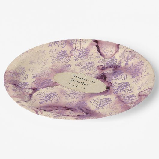 Bedrukte Lavendel Damast Bruiloft Papieren Bordje (Gekanteld)