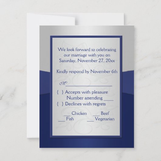 BEDRUKTE LINT marine, zilveren bloemen RSVP kaart (Achterkant)