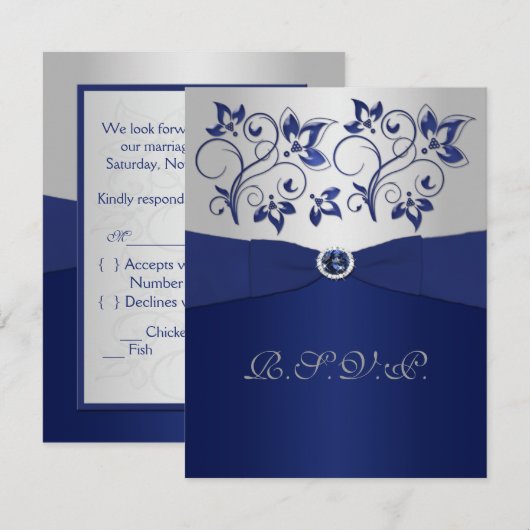 BEDRUKTE LINT marine, zilveren bloemen RSVP kaart (Voorkant / Achterkant)