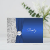 BEDRUKTE LINT Navy Silver Damask RSVP-kaart RSVP Kaartje (Staand voorkant)