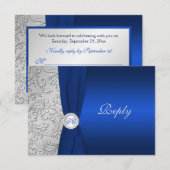 BEDRUKTE LINT Navy Silver Damask RSVP-kaart RSVP Kaartje (Voorkant / Achterkant)