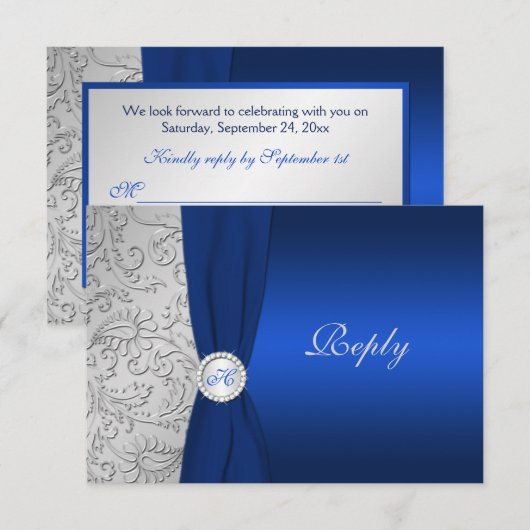 BEDRUKTE LINT Navy Silver Damask RSVP-kaart RSVP Kaartje (Voorkant / Achterkant)