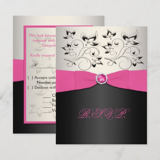 BEDRUKTE LINT roze, zwart, zilveren RSVP-kaart RSVP Kaartje (Voorkant / Achterkant)