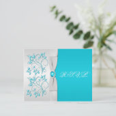 BEDRUKTE LINT Turquoise, zilveren bloemige RSVP-ka RSVP Kaartje (Staand voorkant)