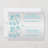 BEDRUKTE LINT Turquoise, zilveren bloemige RSVP-ka RSVP Kaartje (Achterkant)