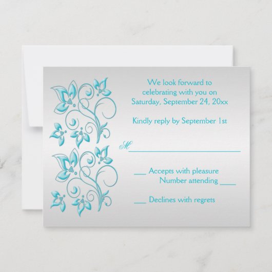 BEDRUKTE LINT Turquoise, zilveren bloemige RSVP-ka RSVP Kaartje (Achterkant)
