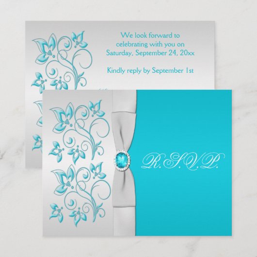 BEDRUKTE LINT Turquoise, zilveren bloemige RSVP-ka RSVP Kaartje (Voorkant / Achterkant)
