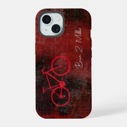Bedrukte rode fiets met scriptnaam iPhone 15 case (Achterkant)