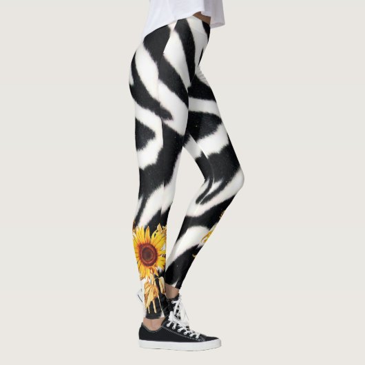 BEDRUKTE ZWARTE WITTE ZEBRA SKIN MET ZONNEBLOEMEN LEGGINGS (Rechts)