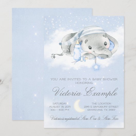 Bedtijd Baby Boy Elephant Baby shower Kaart (Voorkant / Achterkant)
