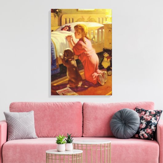 Bedtime Prayers, meisje met puppy, religie Canvas Afdruk (Insitu (Woonkamer))