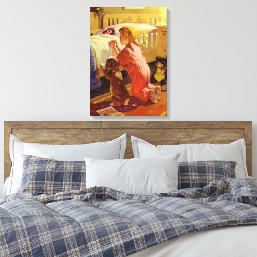 Bedtime Prayers, meisje met puppy, religie Canvas Afdruk (Insitu (Slaapkamer))