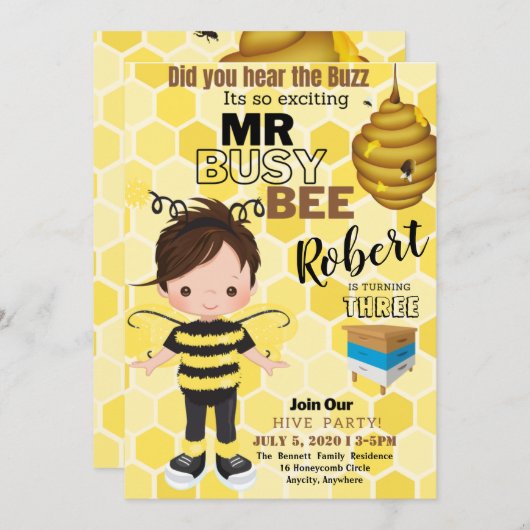 Bee 1 Birthday Invitation Kaart (Voorkant / Achterkant)