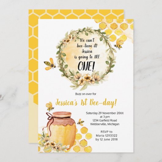 Bee 1e verjaardag Uitnodiging Meisje (Voorkant / Achterkant)