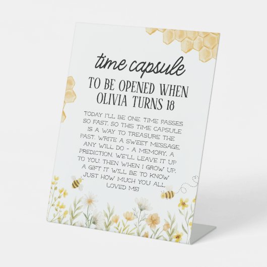 Bee 1st Birthday Time Capsule Reclamebord Met Voetstuk (Voorkant)