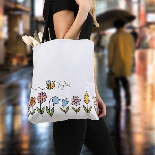 Bee and Colorful Flowers Personalized Gift Tote Bag