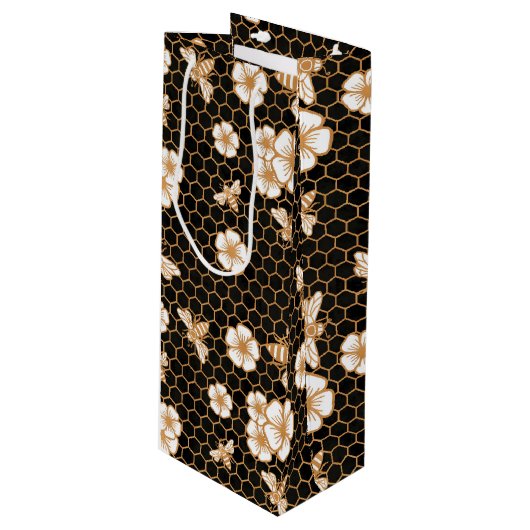 Bee and Flowers Pattern Wijn Cadeautas (Voorkant Gekanteld)