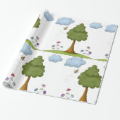 Bee and Tree Natuur Scene met Bloemen en Wolken Cadeaupapier (Uitgerold)