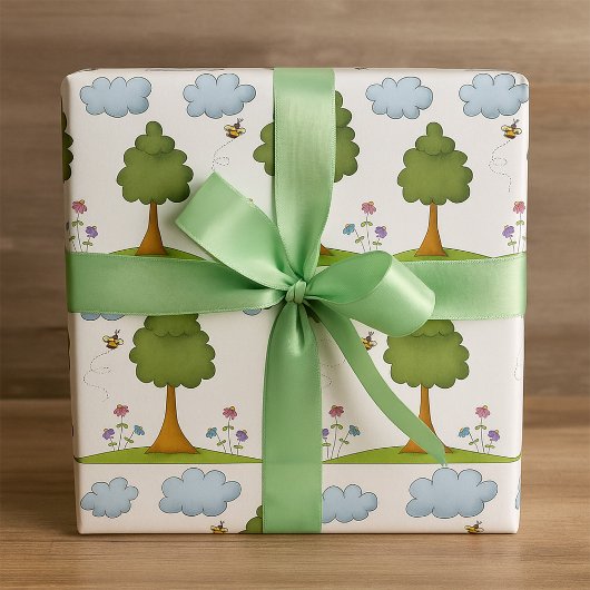 Bee and Tree Natuur Scene met Bloemen en Wolken Cadeaupapier