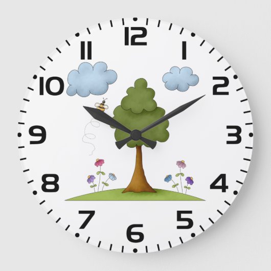 Bee and Tree Natuur Scene met Bloemen en Wolken Grote Klok (Voorkant)