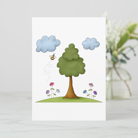 Bee and Tree Natuur Scene met Bloemen en Wolken Kaart