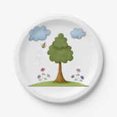 Bee and Tree Natuur Scene met Bloemen en Wolken Papieren Bordje (Voorkant)